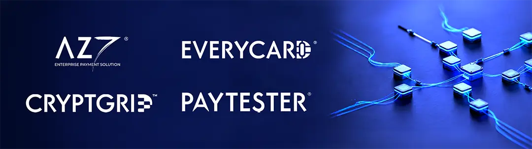 Logotipos de AZ7®, EVERYCARD®, CRYPTGRID™ y PAYTESTER® junto a una red de componentes tecnológicos interconectados, que representan las soluciones de CLAI PAYMENTS® para el lanzamiento de productos financieros.